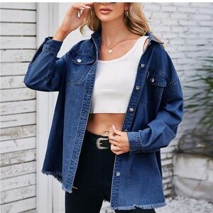 AIMGFUN Women's Denim Jacket Oversized Frayed Jean Spring Trendy Shacket Pockets